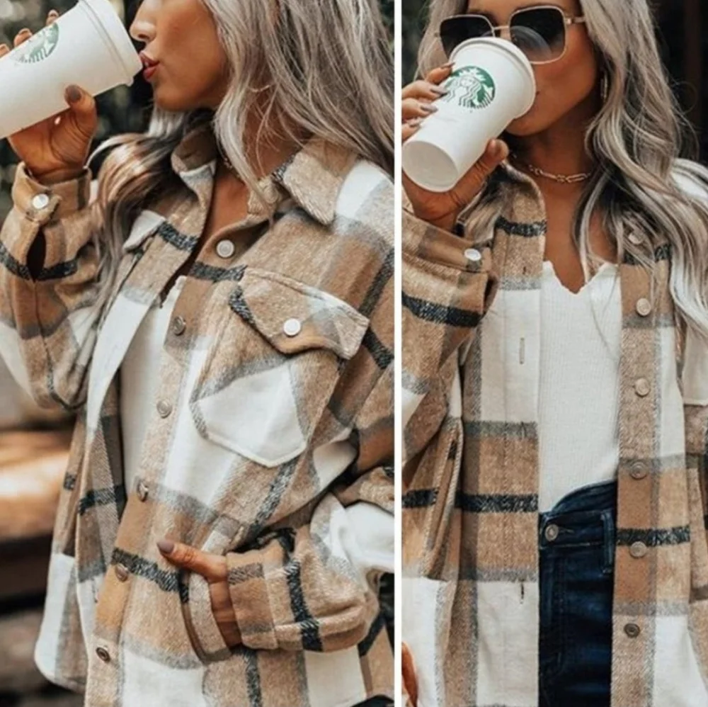 NEW Cozy Retro 70's Flannel Plaid Shacket Top Jacket Brown Tan White Gray - Picture 6 of 14